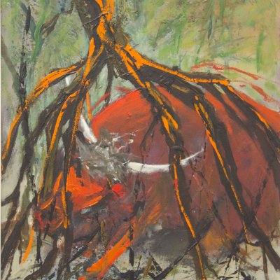 Stier unter der Baumwurzel